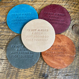 Snarky assorted color embossed leather coasters, sets of 5
