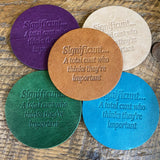Snarky assorted color embossed leather coasters, sets of 5